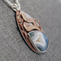 Snake pendant sharper angled view - Agate with druzy and bronze snake above it