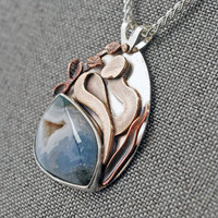 Snake pendant other side angled view - Agate with druzy and bronze snake above it