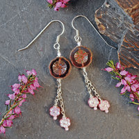 Long Silver and Pink Flower Earrings-Czech Glass 