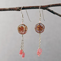 Long Silver and Pink Flower Earrings-Czech Glass 