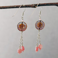 Long Silver and Pink Flower Earrings-Czech Glass 