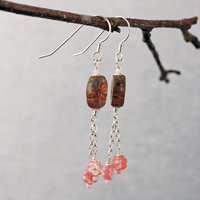 Long Silver and Pink Flower Earrings-Czech Glass 