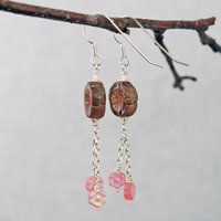 Long Silver and Pink Flower Earrings-Czech Glass 