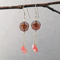 Long Silver and Pink Flower Earrings-Czech Glass 
