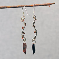 Long Silver Earrings with Copper Leaves