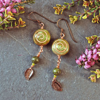 Czech Glass Spiral Earrings with Copper Leaves, Serpentine