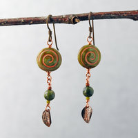 Czech Glass Spiral Earrings with Copper Leaves, Serpentine