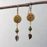 Czech Glass Spiral Earrings with Copper Leaves, Serpentine