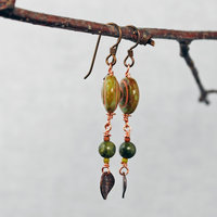 Czech Glass Spiral Earrings with Copper Leaves, Serpentine