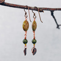 Czech Glass Spiral Earrings with Copper Leaves, Serpentine