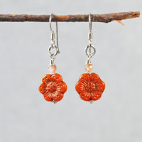 Orange Czech Glass Flower Earrings, Sterling Silver