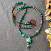 Malachite, Amber, Silver and Copper Necklace
