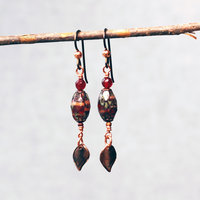 Czech Glass and Garnet Earrings with Copper Leaves