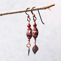 Czech Glass and Garnet Earrings with Copper Leaves