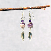 Amethyst Bead Earrings with Silver Leaves