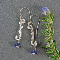 Long Silver Earrings with Leaves, Blue Czech Glass Flowers