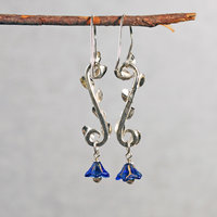 Long Silver Earrings with Leaves, Blue Czech Glass Flowers
