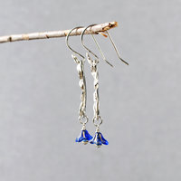 Long Silver Earrings with Leaves, Blue Czech Glass Flowers