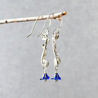 Long Silver Earrings with Leaves, Blue Czech Glass Flowers