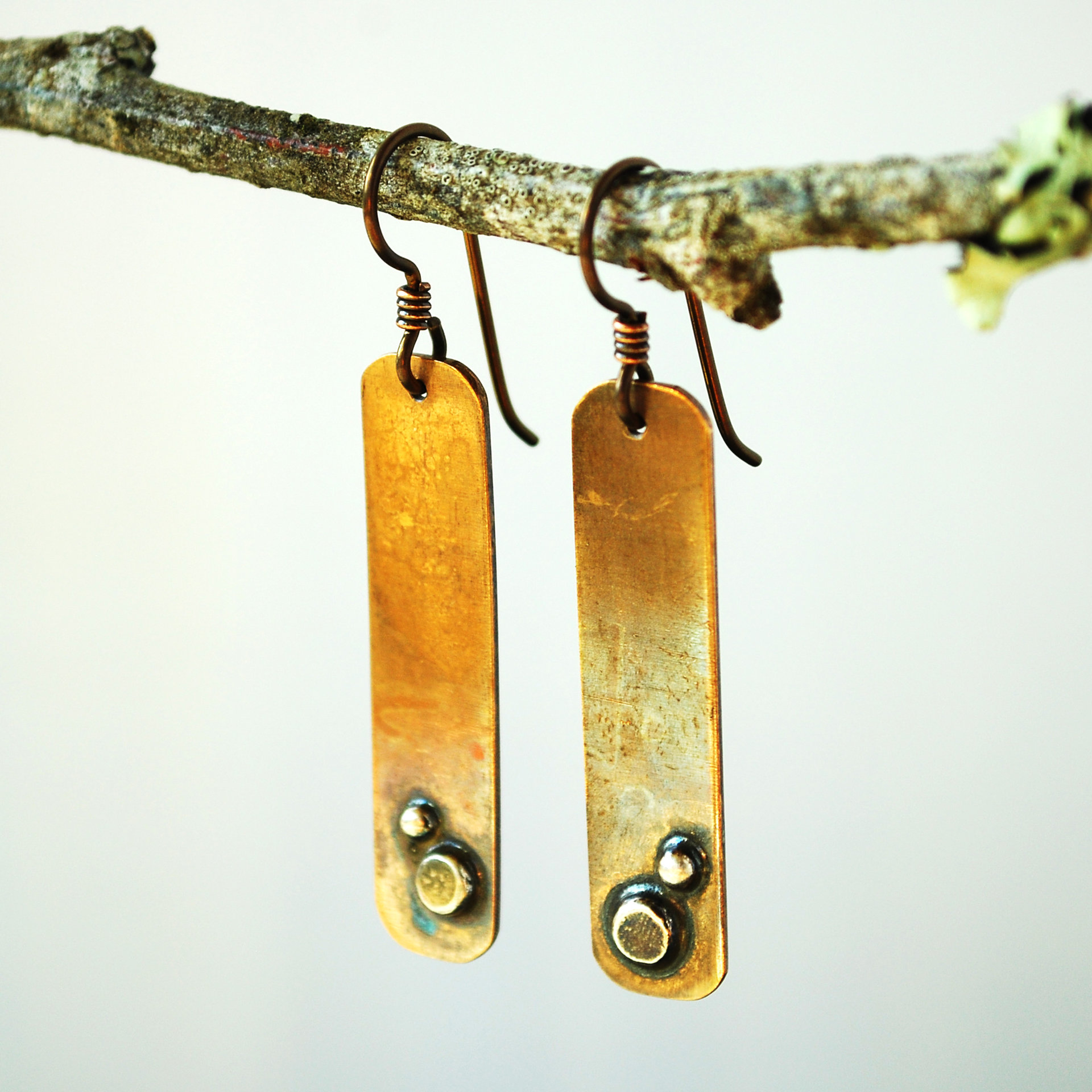 Bronze Dangle Earrings with Silver Dots