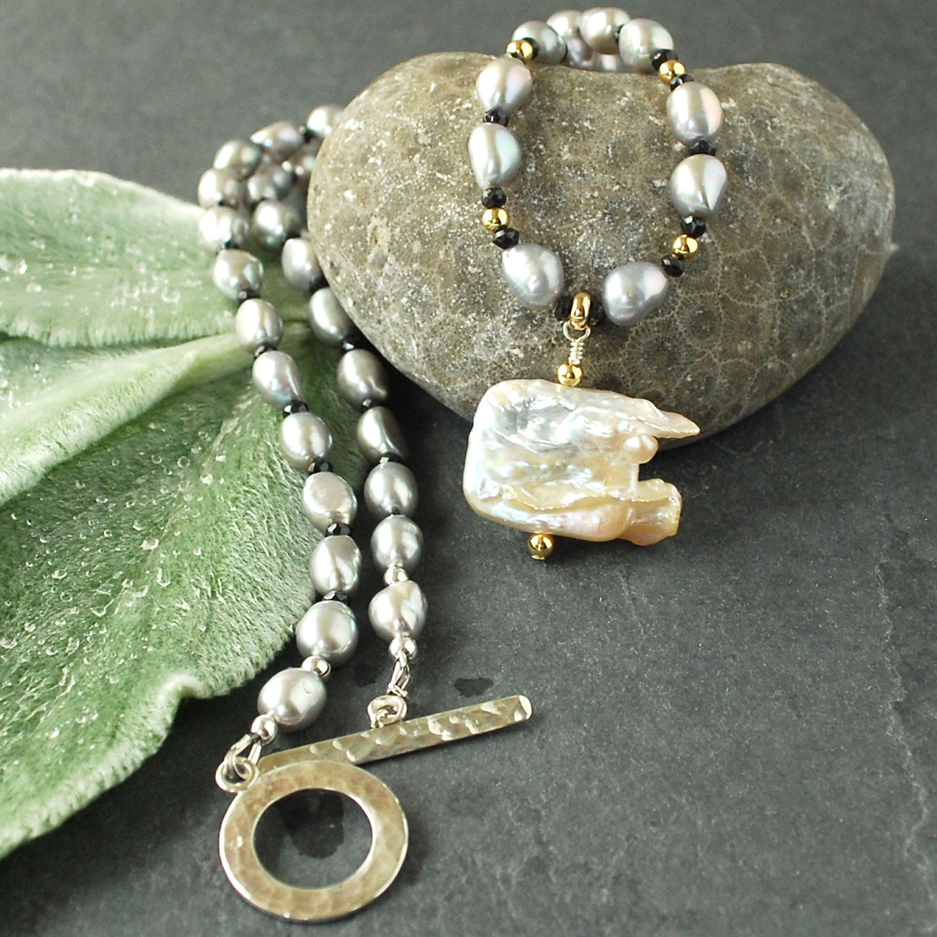 Gray Freshwater Pearl Necklace with Baroque Focal Pearl, Gold Accents