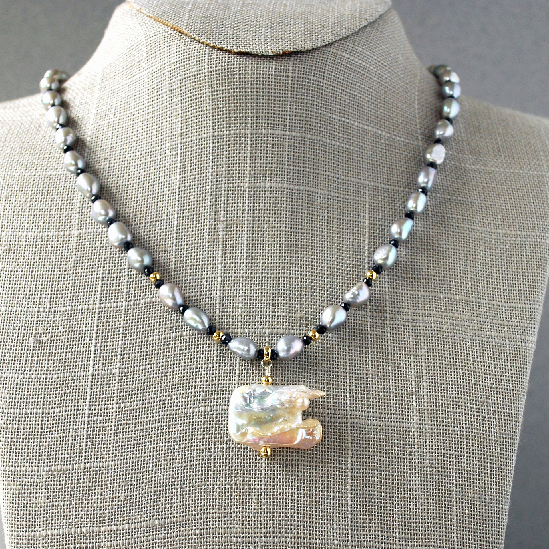 Gray Freshwater Pearl Necklace with Baroque Focal Pearl, Gold Accents