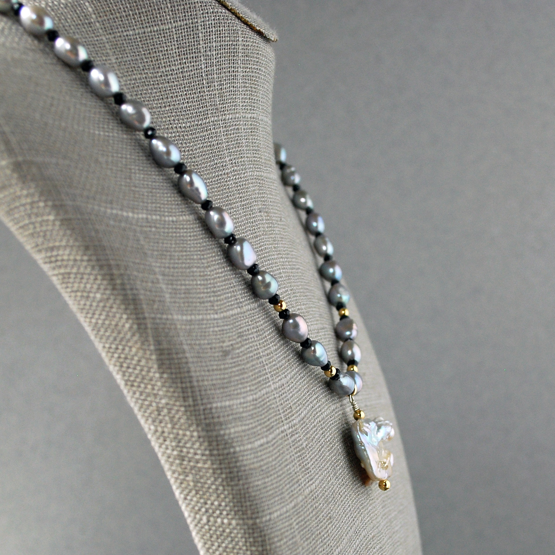 Gray Freshwater Pearl Necklace with Baroque Focal Pearl, Gold Accents