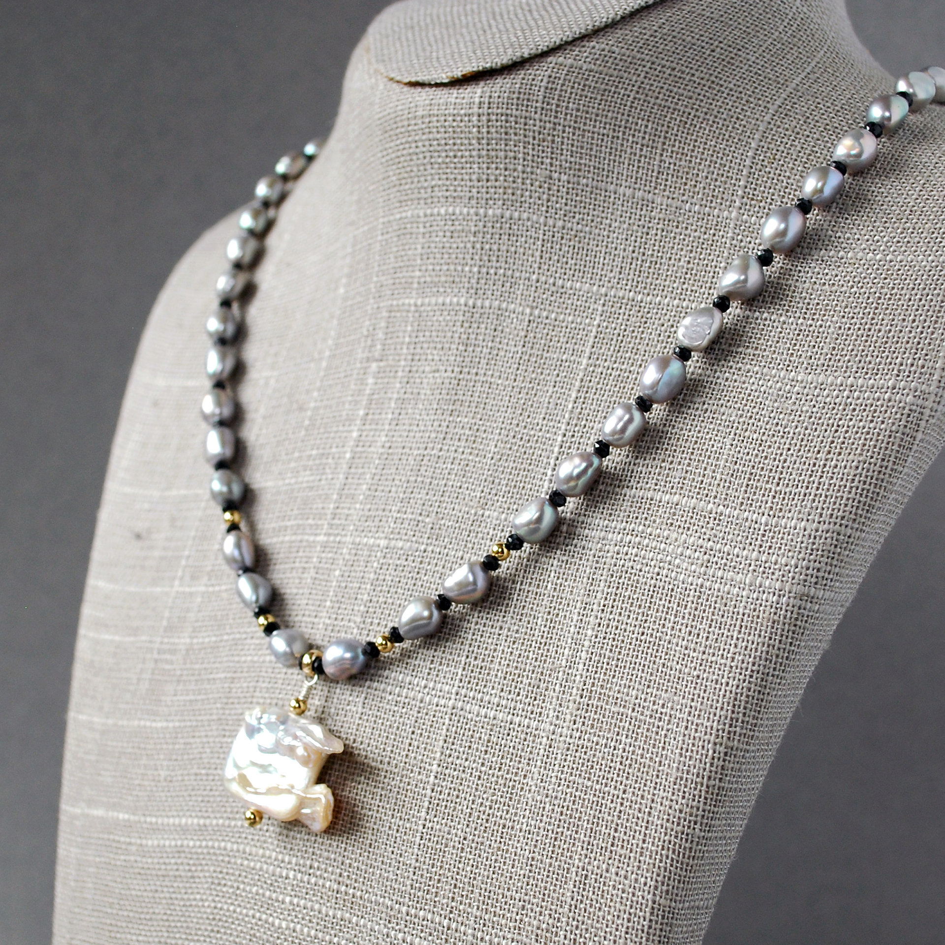Gray Freshwater Pearl Necklace with Baroque Focal Pearl, Gold Accents
