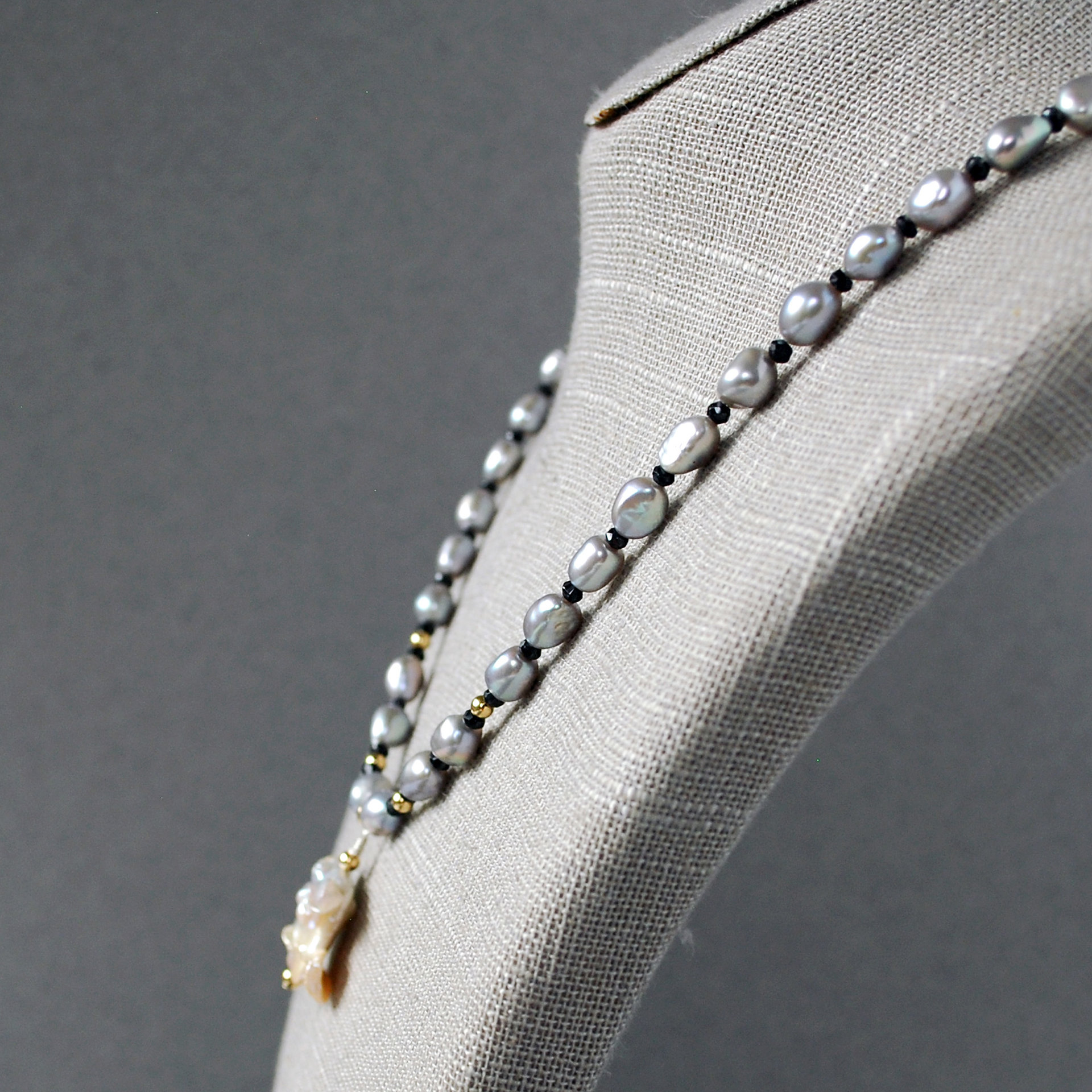Gray Freshwater Pearl Necklace with Baroque Focal Pearl, Gold Accents