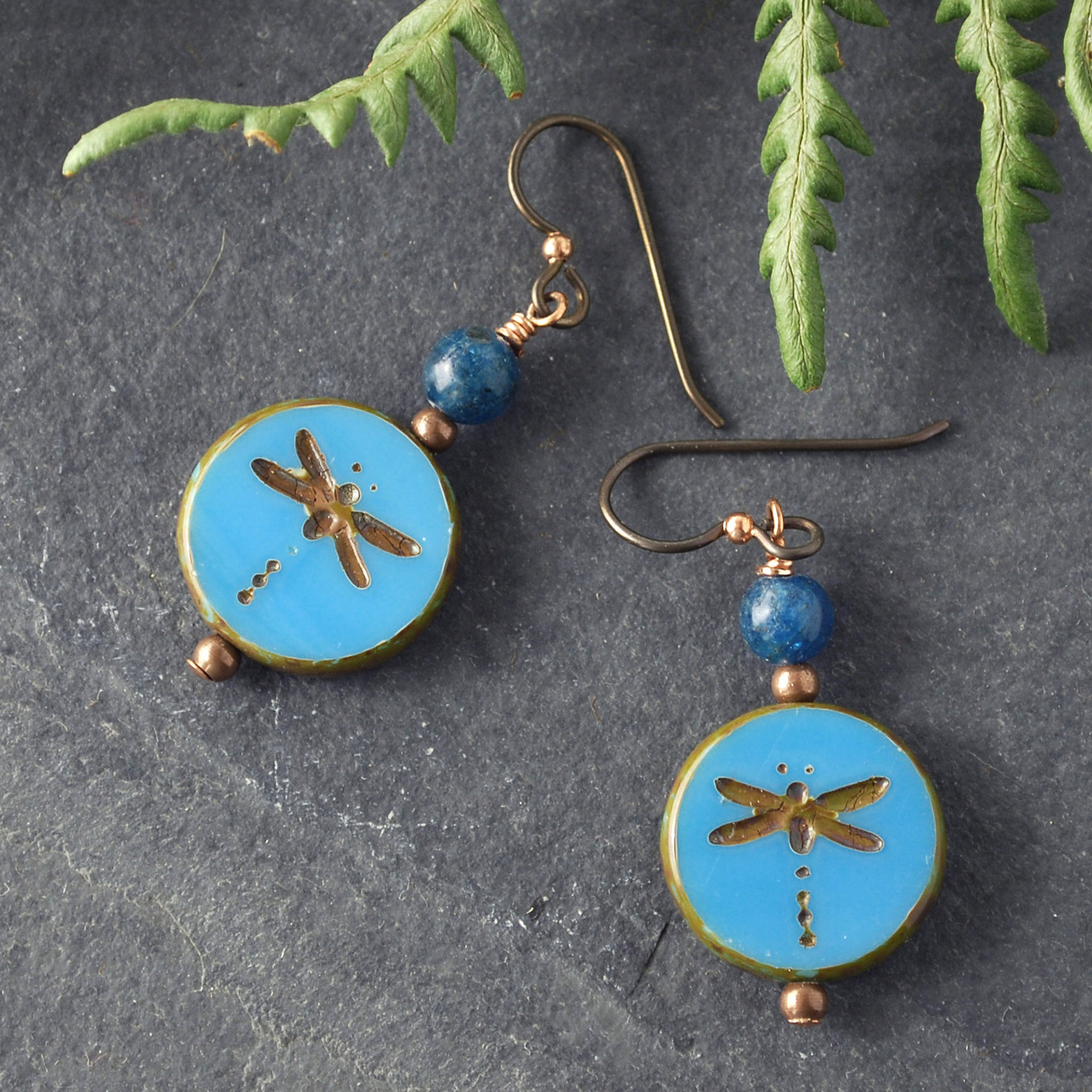 Blue Czech Glass and Apatite Dragonfly Earrings