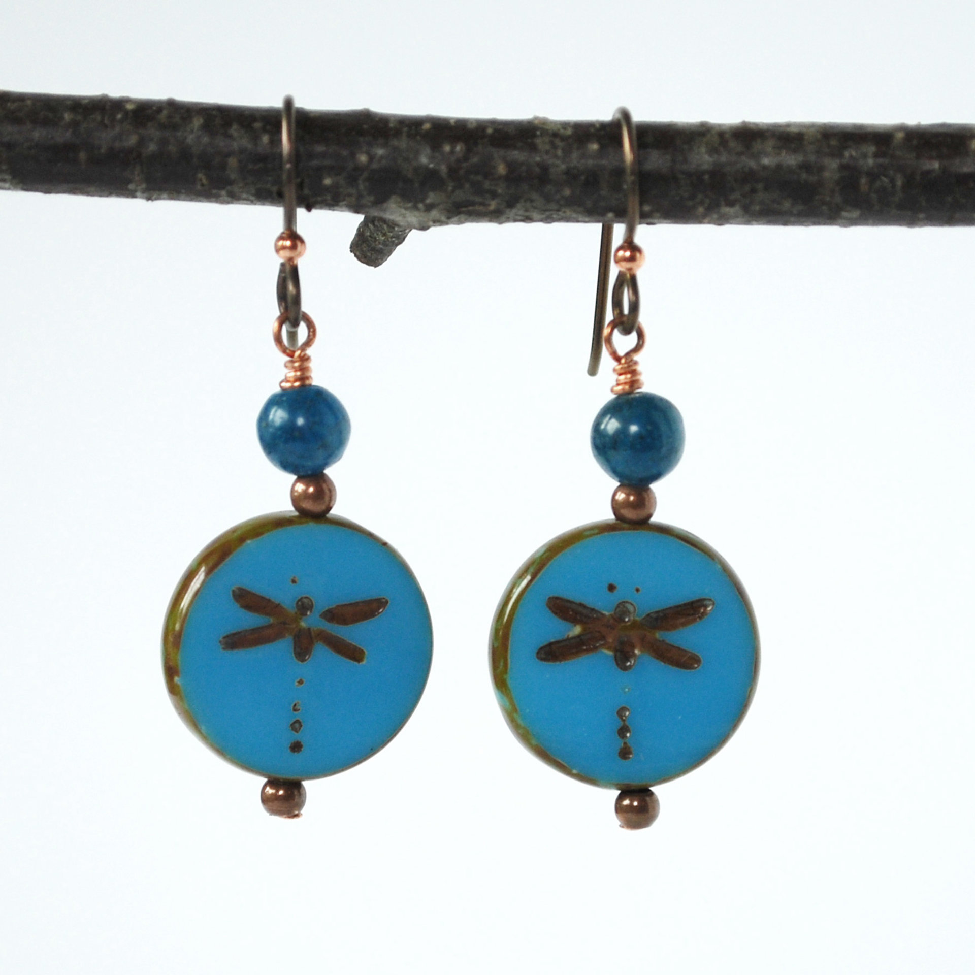 Blue Czech Glass and Apatite Dragonfly Earrings