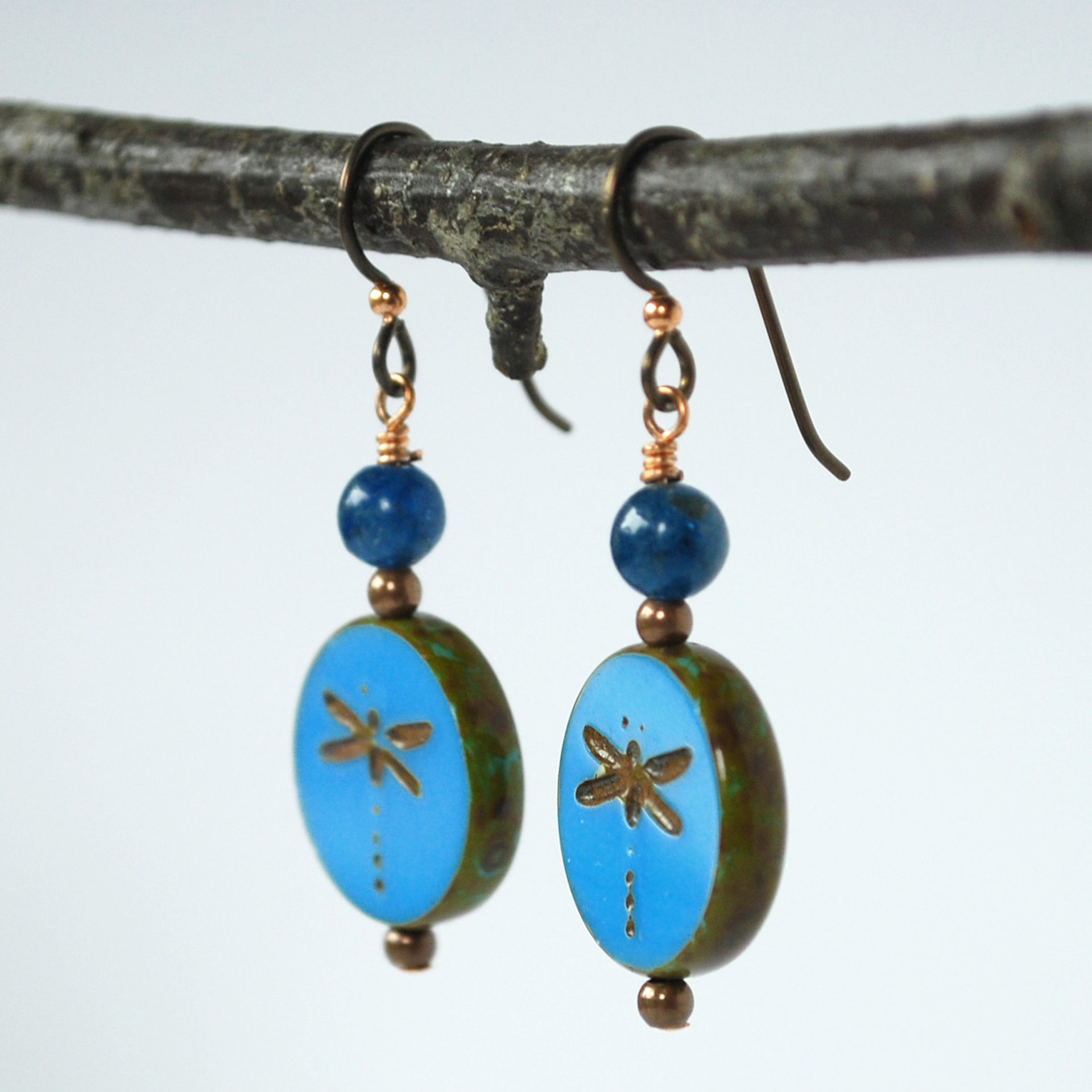 Blue Czech Glass and Apatite Dragonfly Earrings