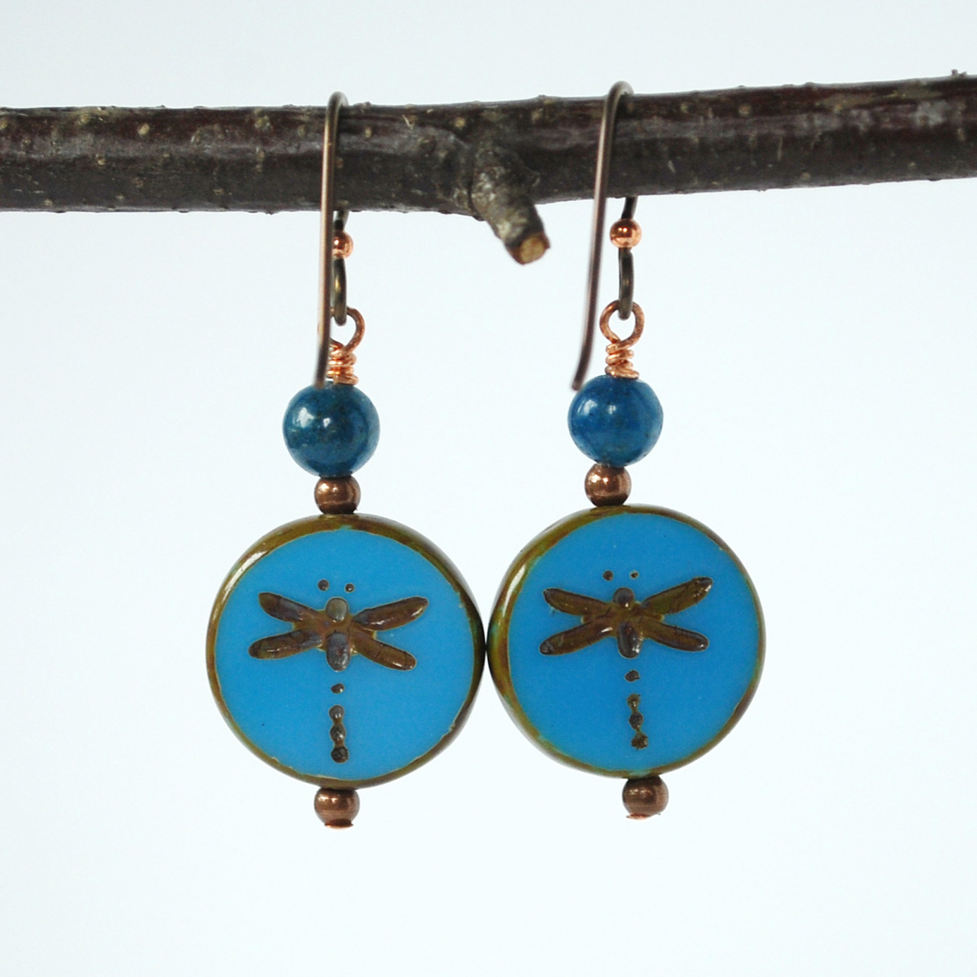 Blue Czech Glass and Apatite Dragonfly Earrings