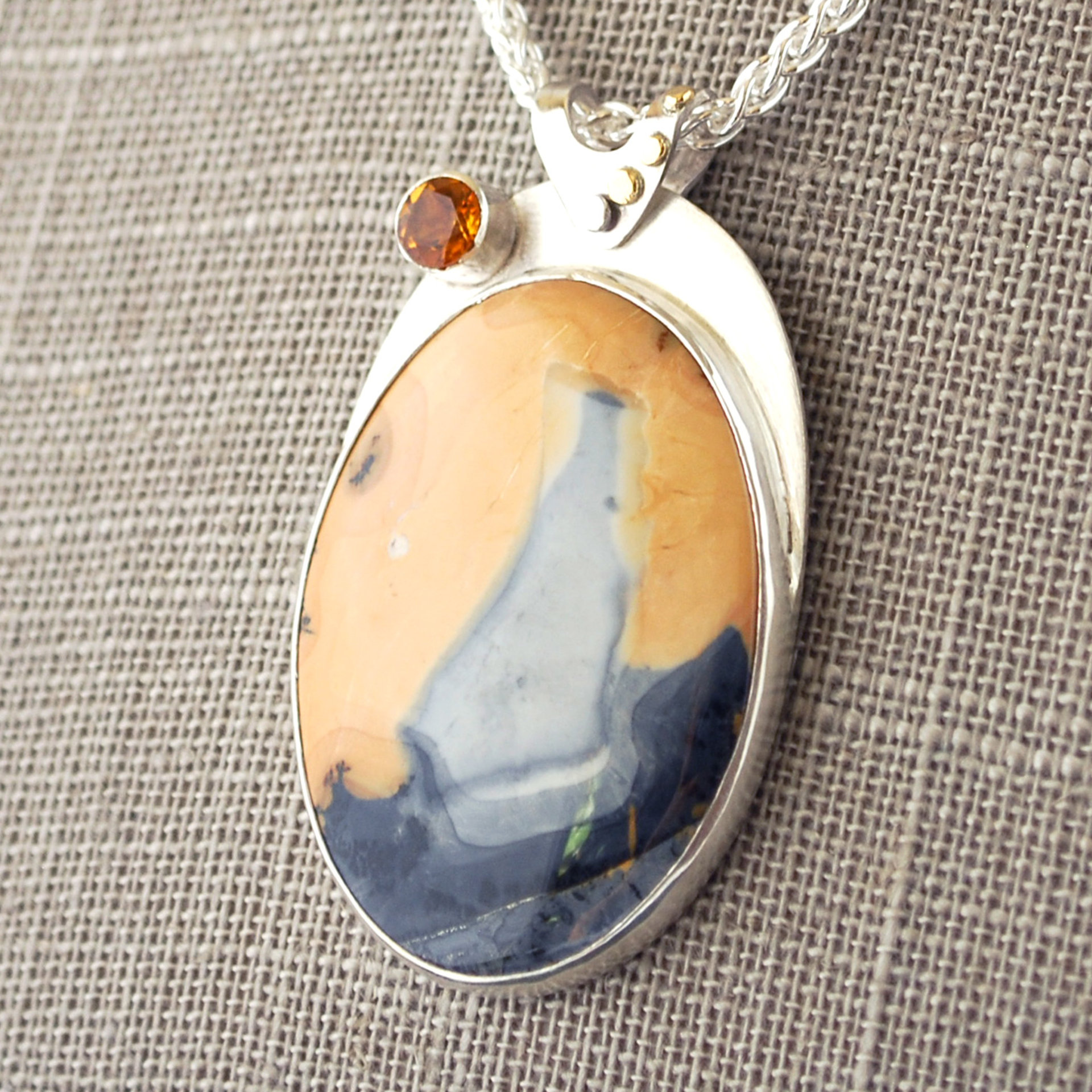 Maligano Jasper Silver Pendant with Citrine, Ocean Sailboat Scene