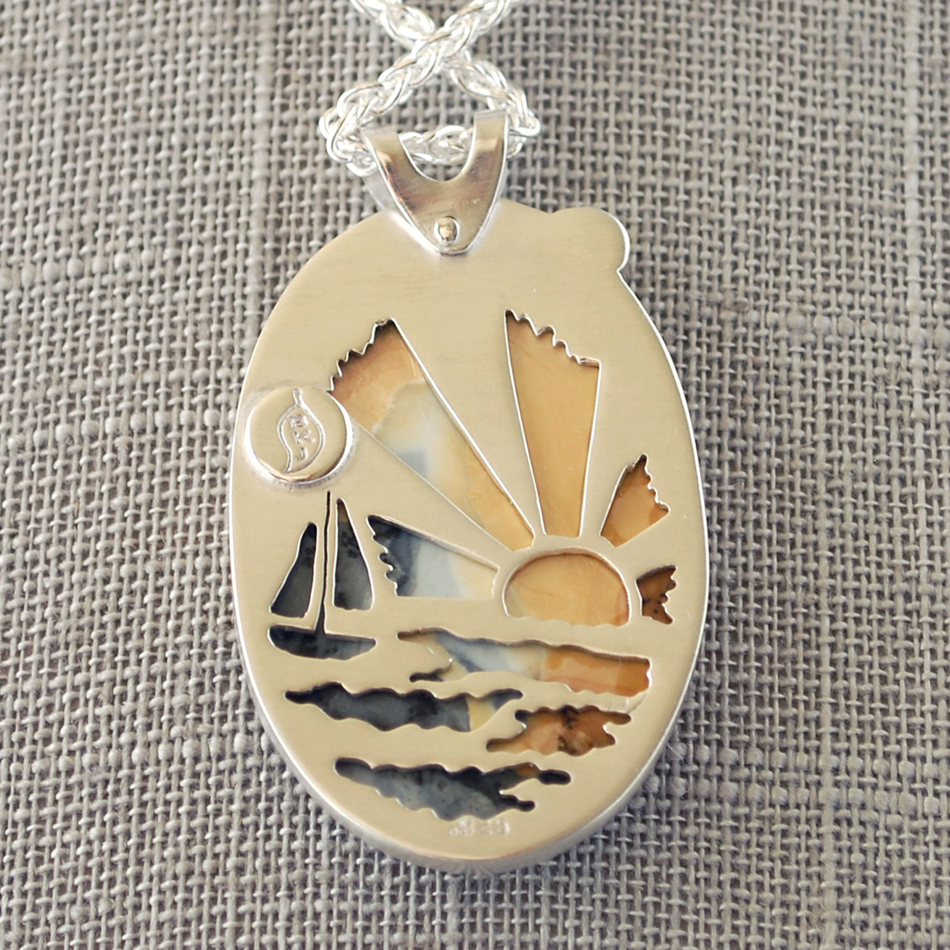 Maligano Jasper Silver Pendant with Citrine, Ocean Sailboat Scene