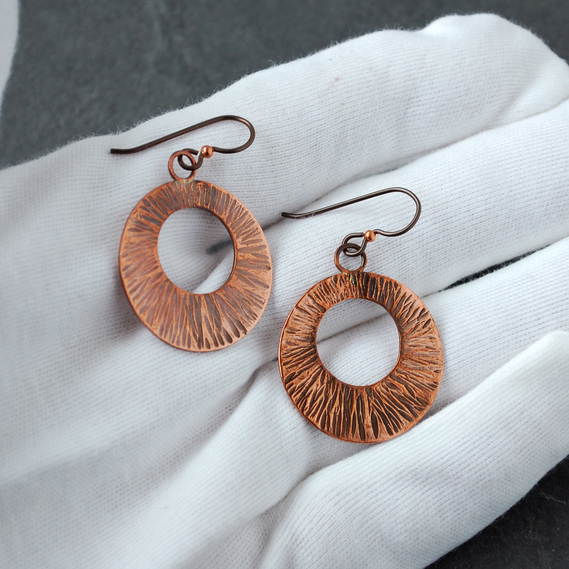 Hammered Copper Circle, Hoop Style Earrings