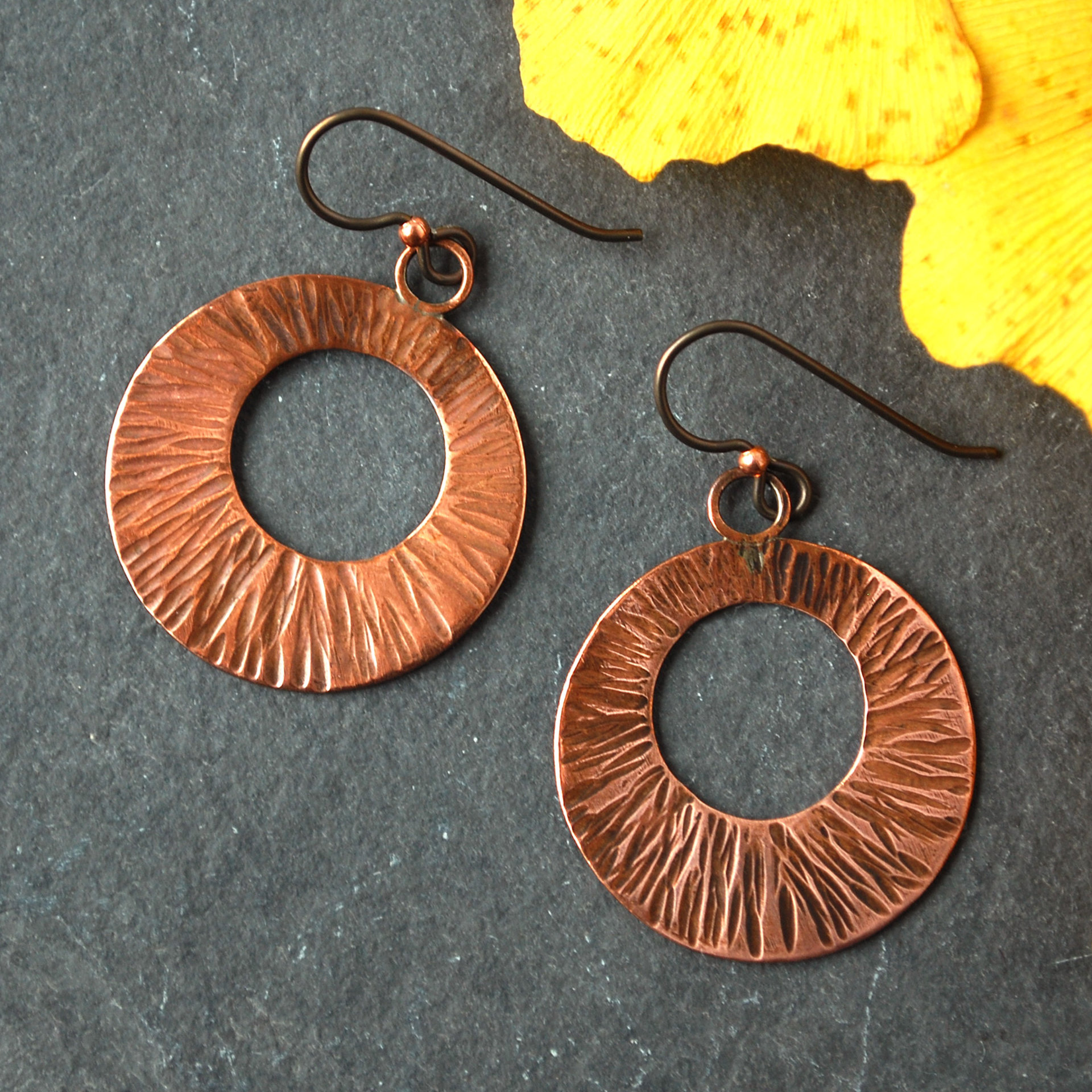 Hammered Copper Circle, Hoop Style Earrings