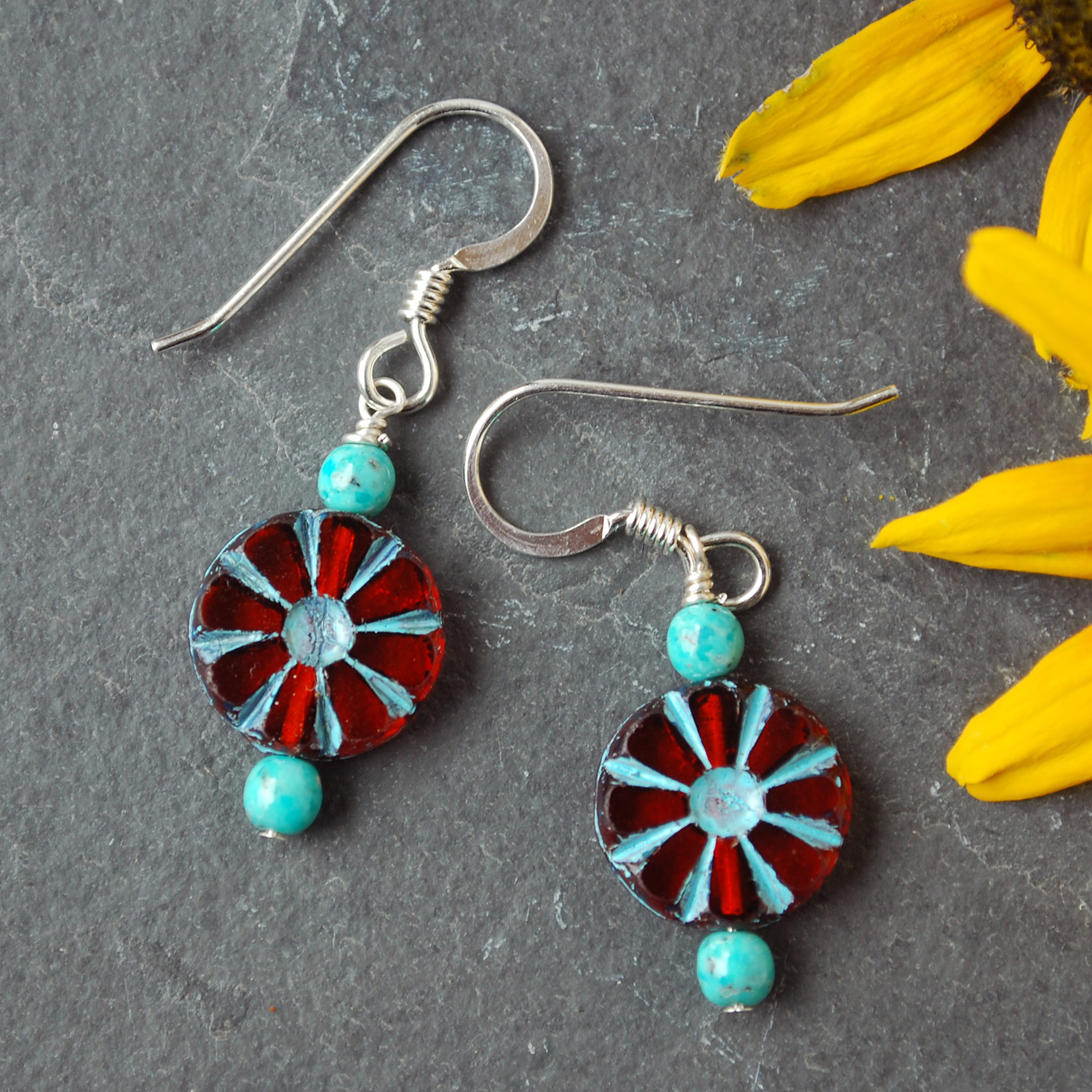 Red Czech Glass Flower and Turquoise Earrings