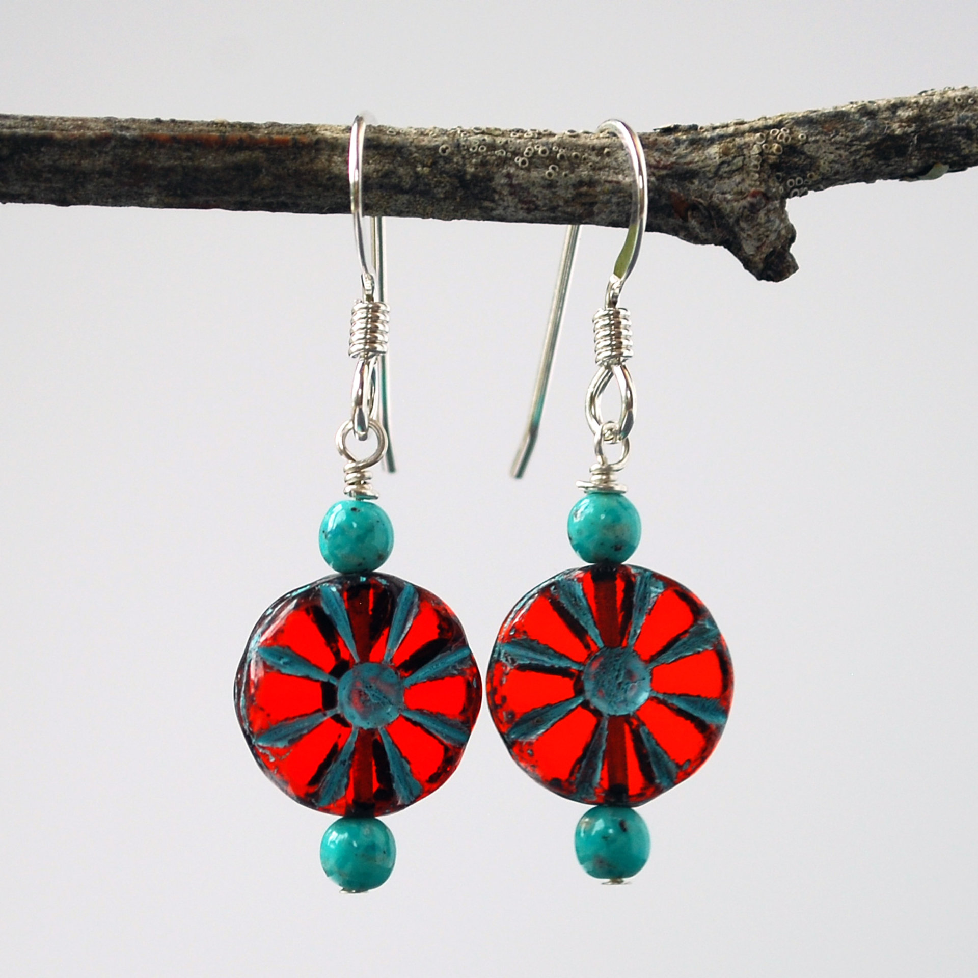 Red Czech Glass Flower and Turquoise Earrings
