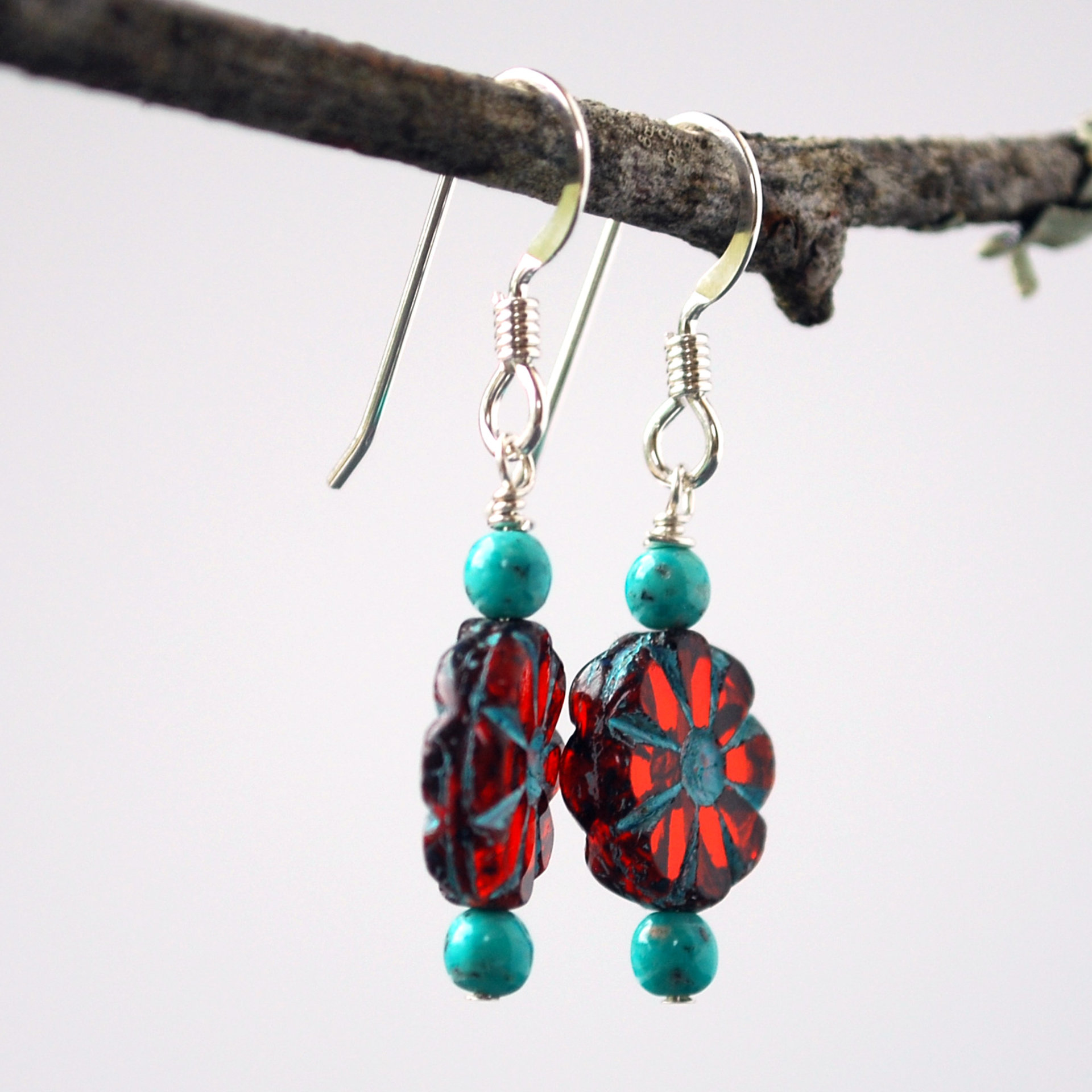 Red Czech Glass Flower and Turquoise Earrings