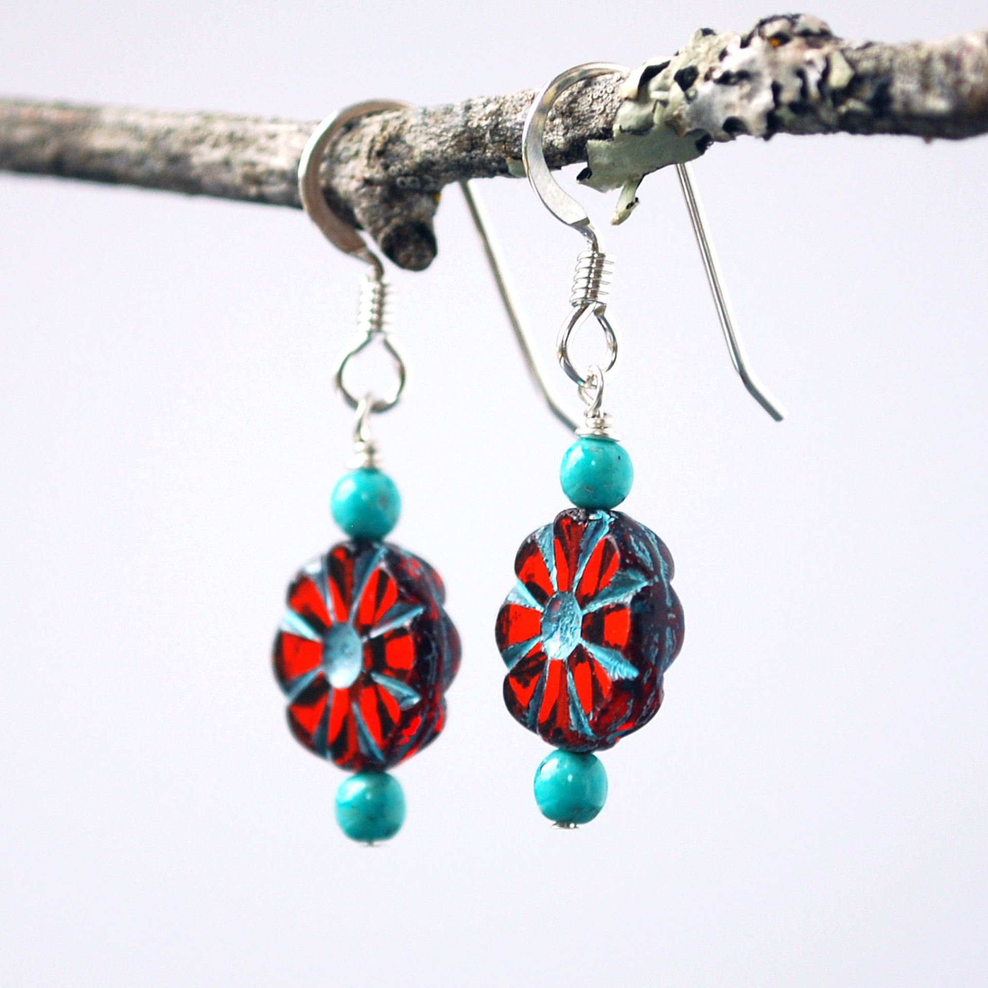 Red Czech Glass Flower and Turquoise Earrings