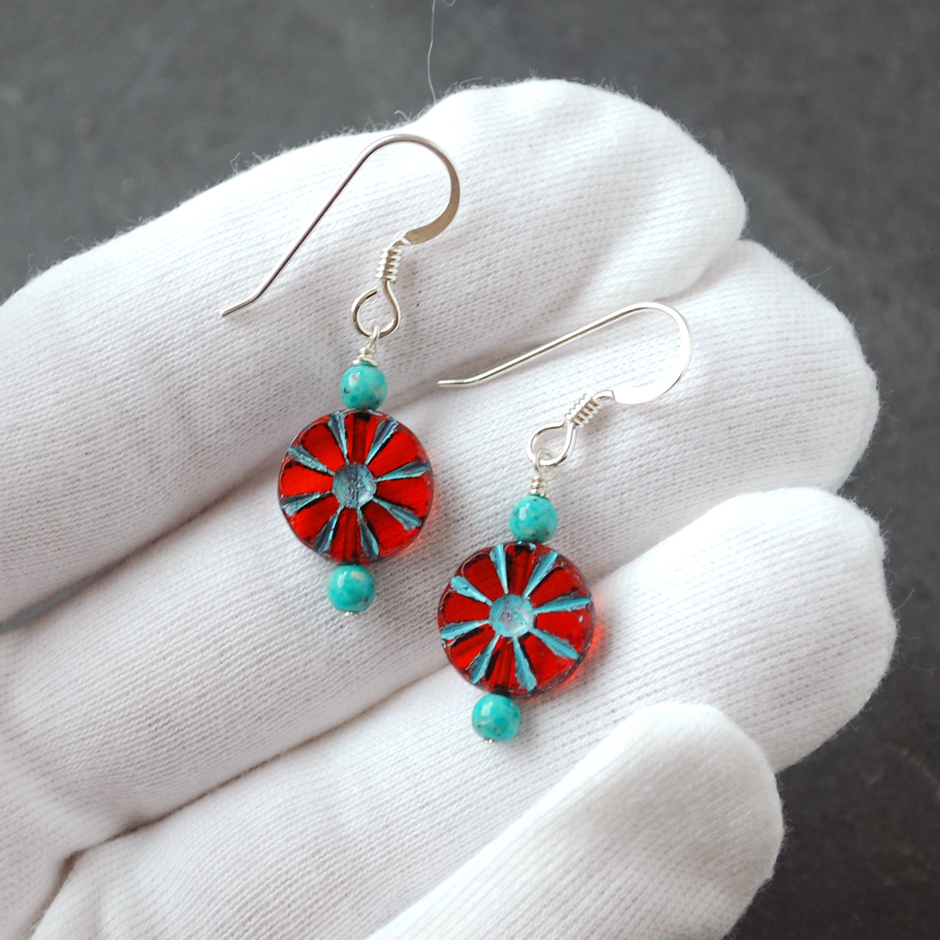 Red Czech Glass Flower and Turquoise Earrings
