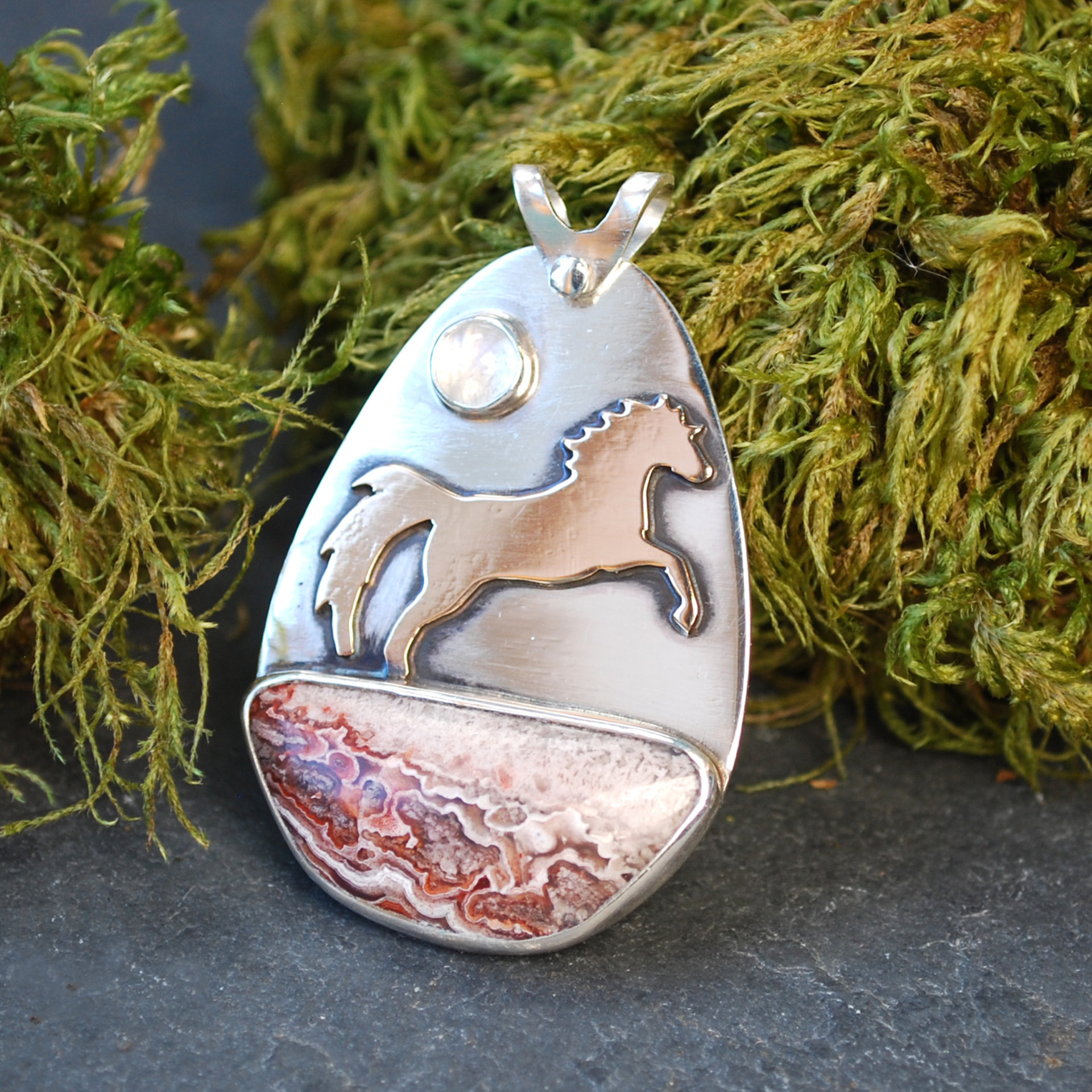 Crazy Lace Agate Pendant with Horse, Moonstone