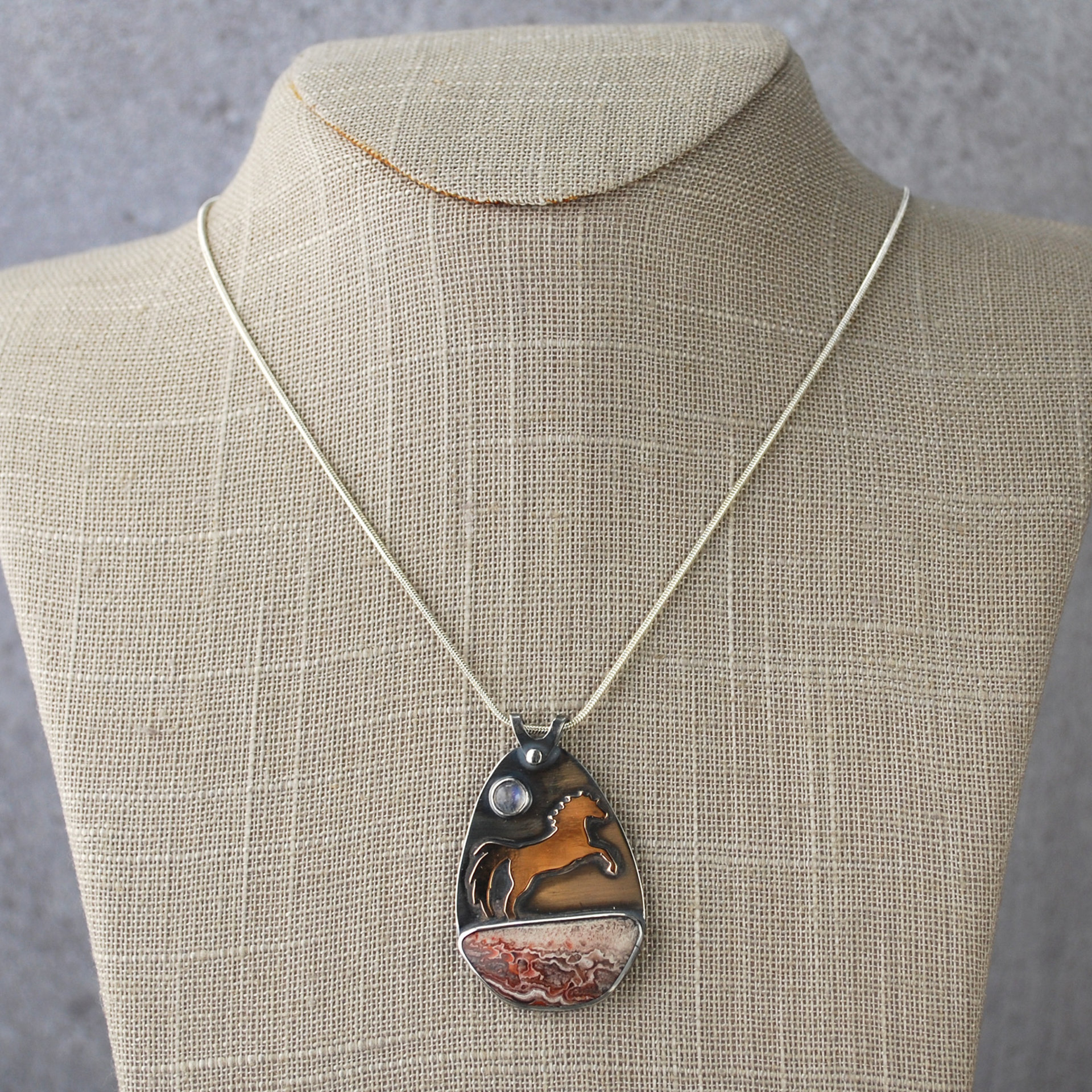 Crazy Lace Agate Pendant with Horse, Moonstone hanging