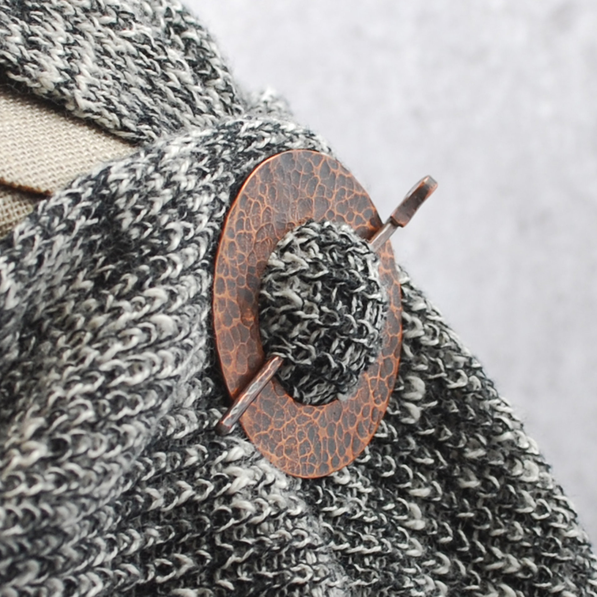 Rustic Hammered Copper Shawl Pin on scarf angle