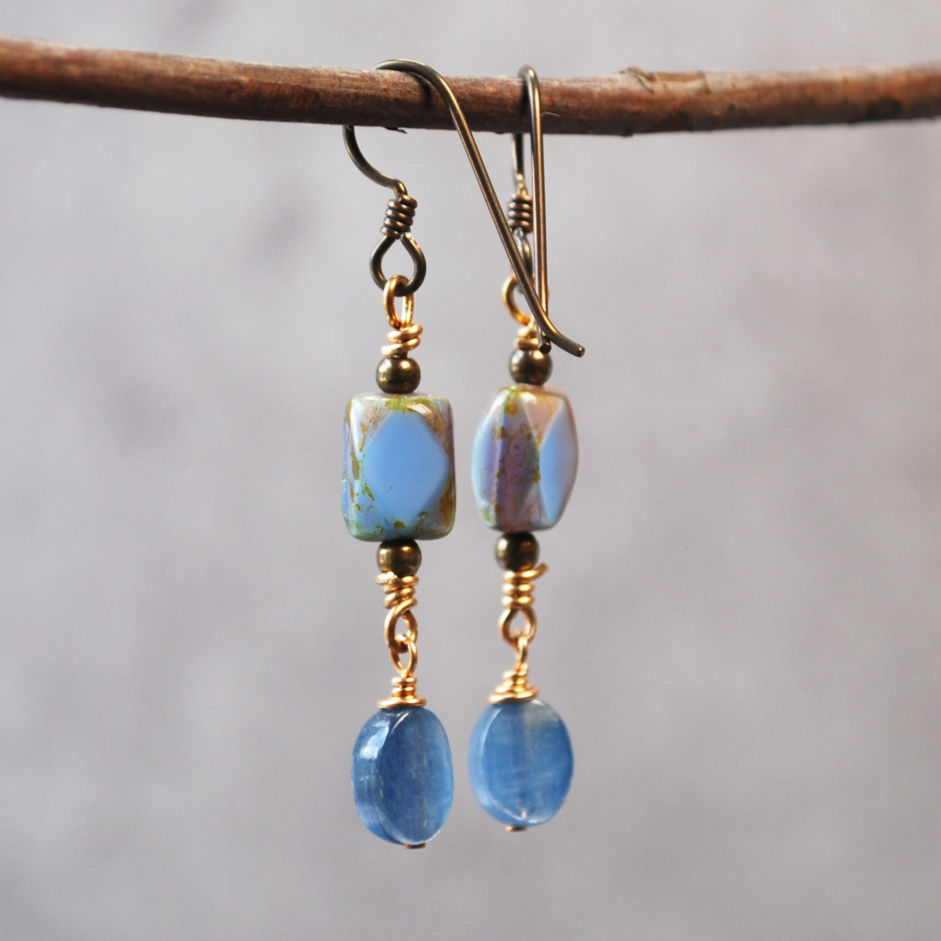Kyanite, Czech Glass and Bronze Earrings hanging