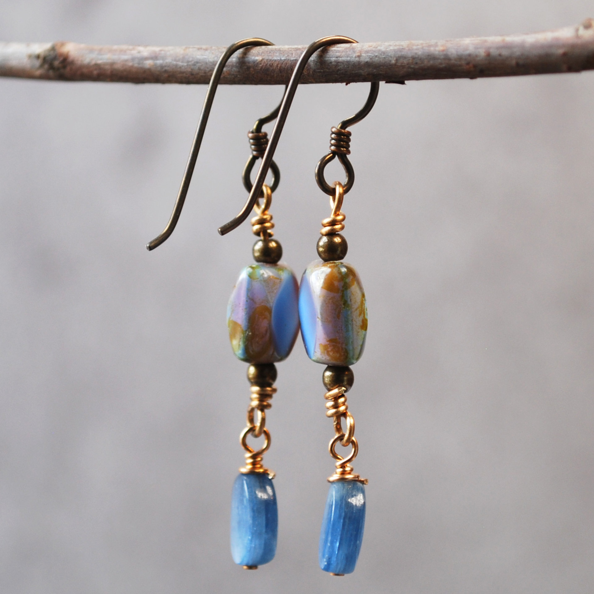 Kyanite, Czech Glass and Bronze Earrings hanging