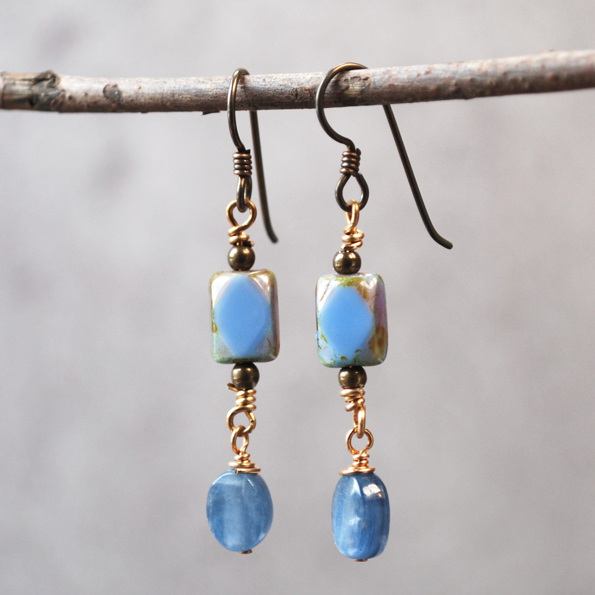 Kyanite, Czech Glass and Bronze Earrings hanging
