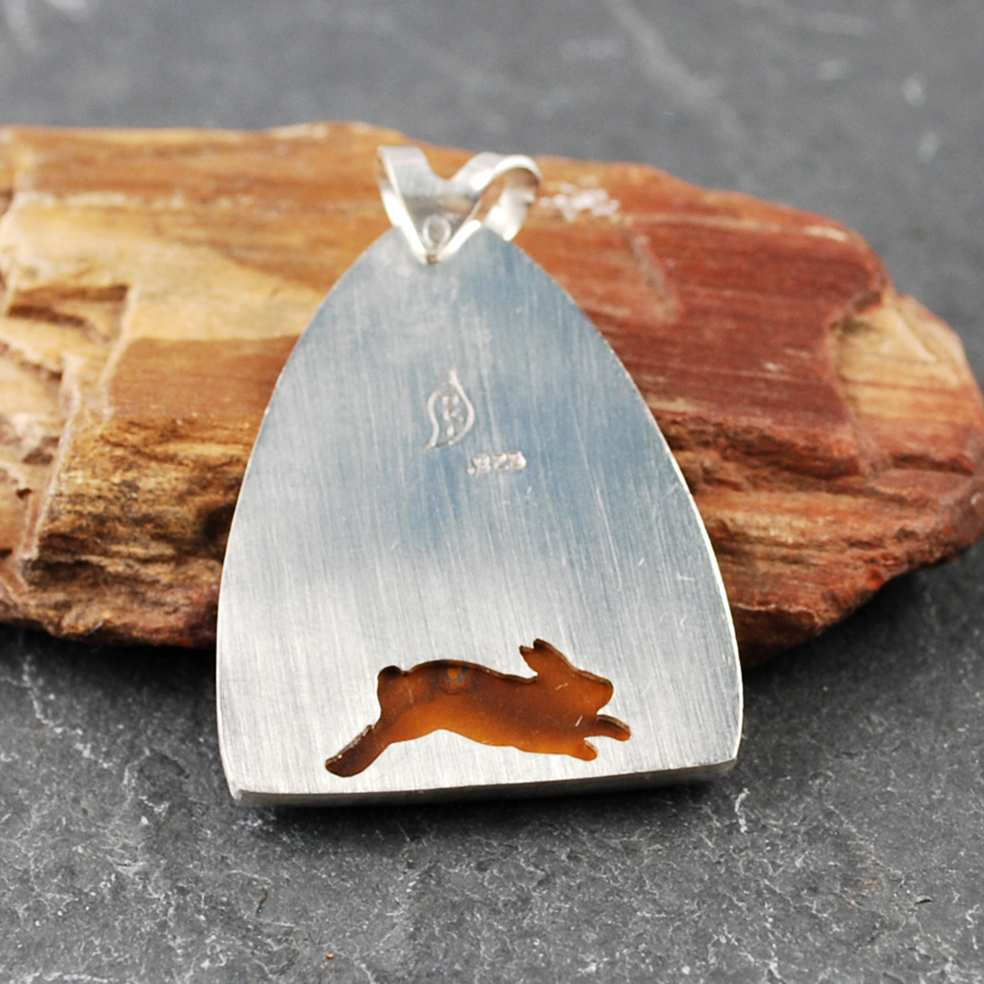 Boulder Opal Pendant with Rabbits, Tree back