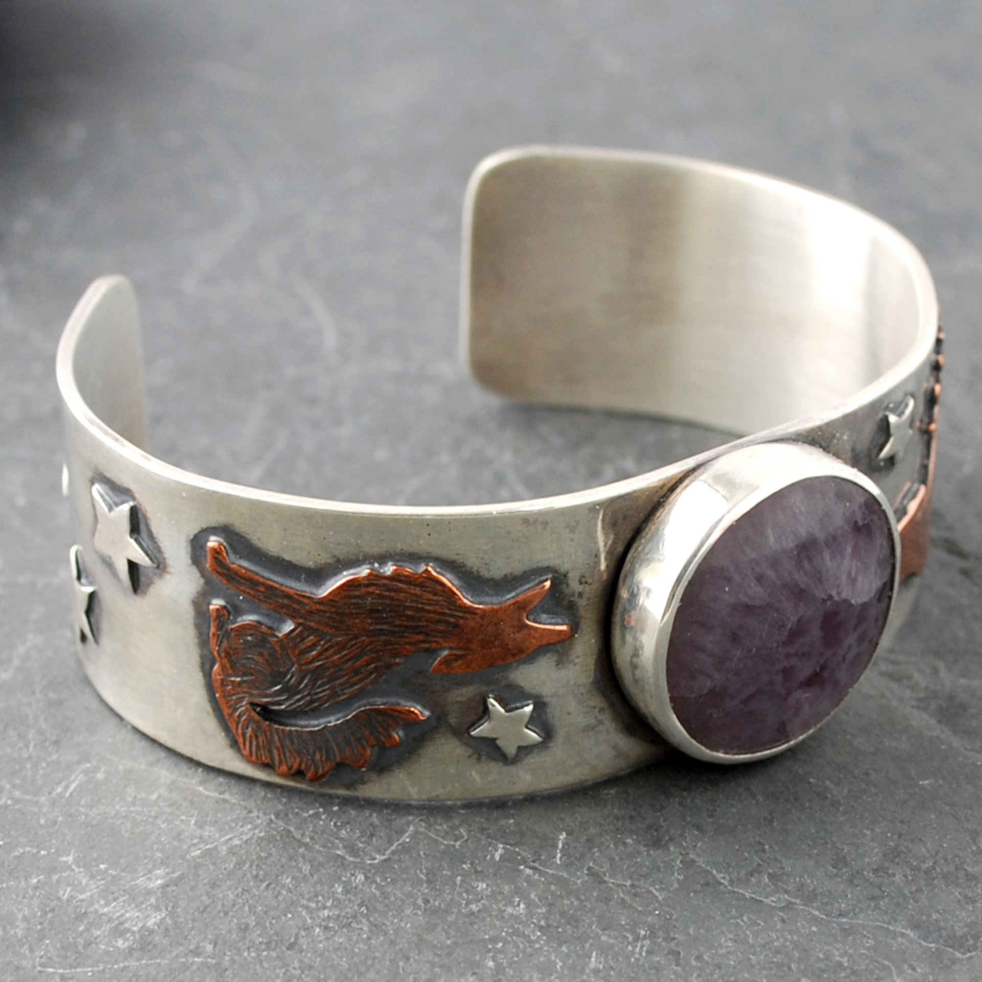 Silver Cuff with Fluroite, Coyotes, Wolves, Stars